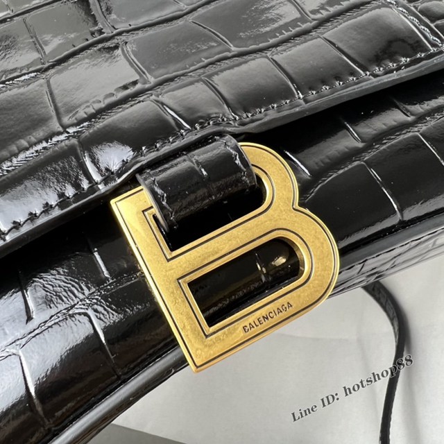 Balenciaga專櫃爆款鱷魚紋黑色金扣中號Hourglass沙漏包 巴黎世家頂級原單手提肩背包 fyj1217